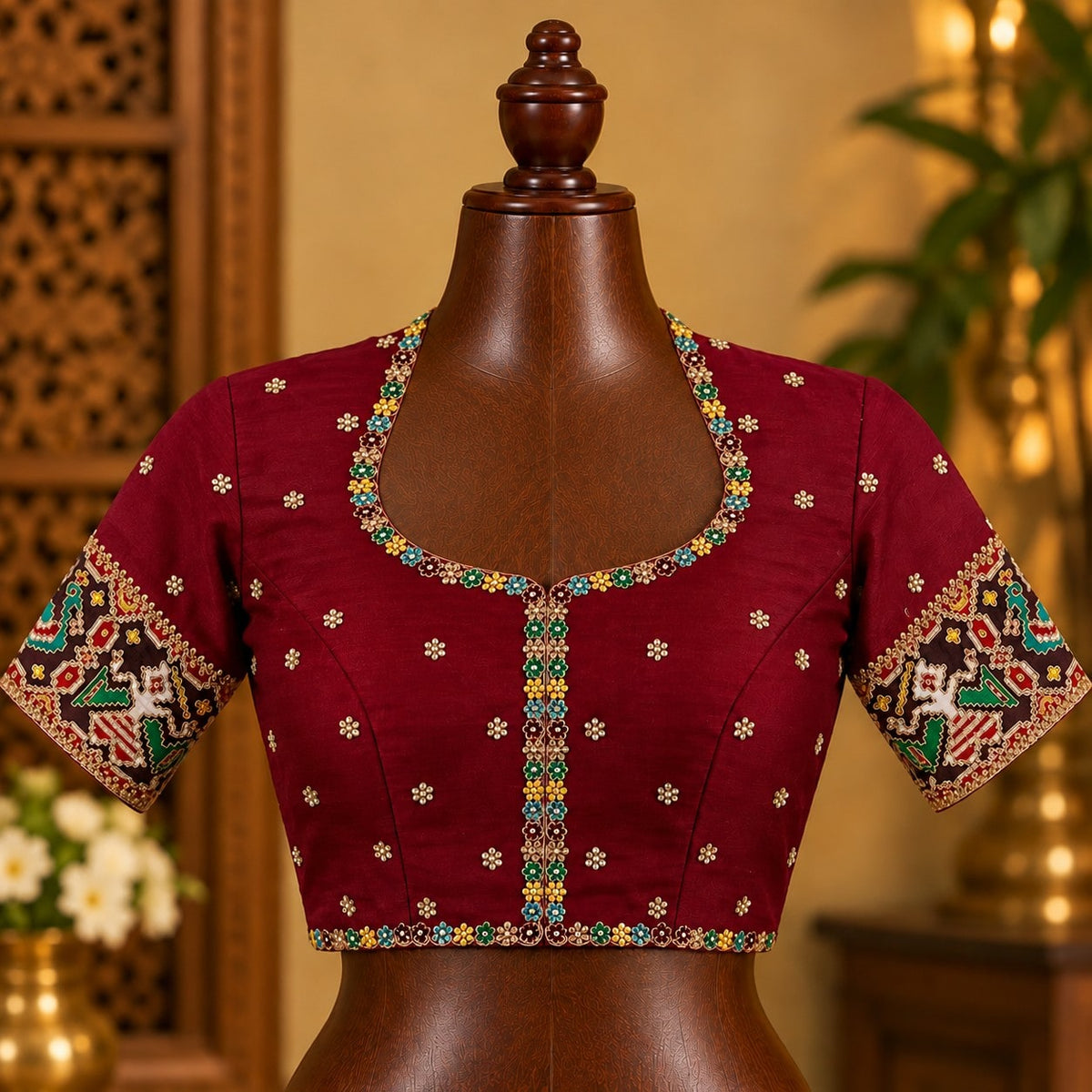 Maroon High-Neck Blouse with Beaded Outline, view