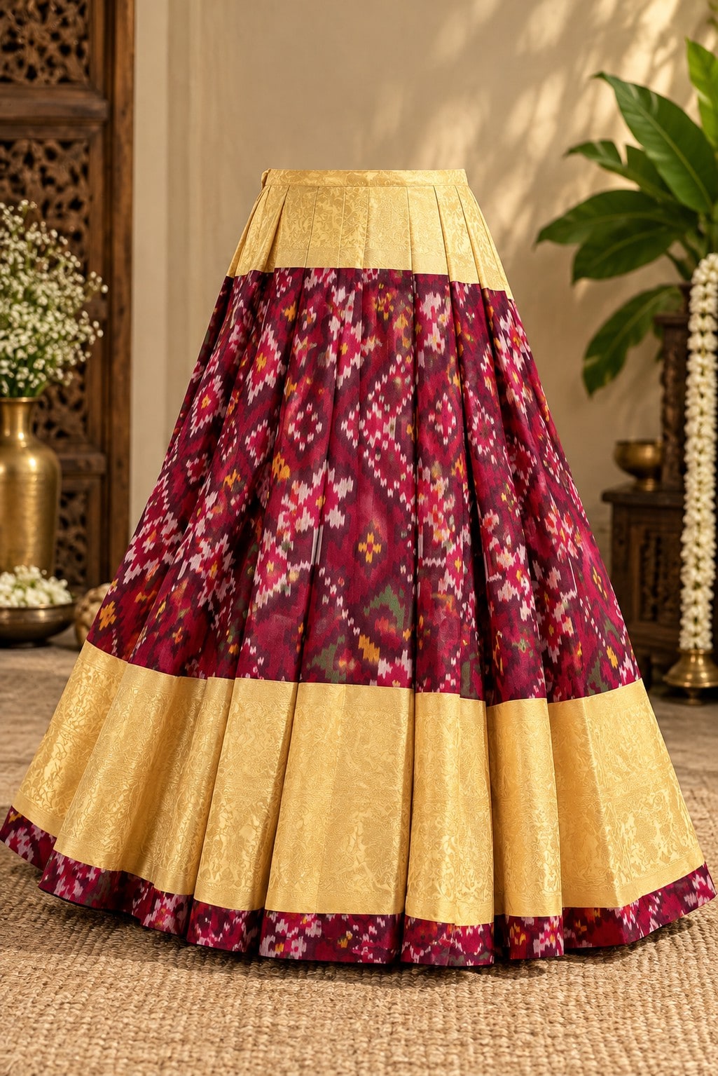 Maroon Beaded Blouse with Red Patola Lehenga, view