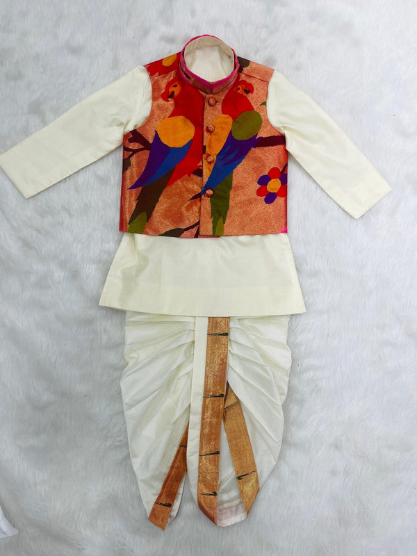 Boys Dhoti Set with Parrot Motif Jacket