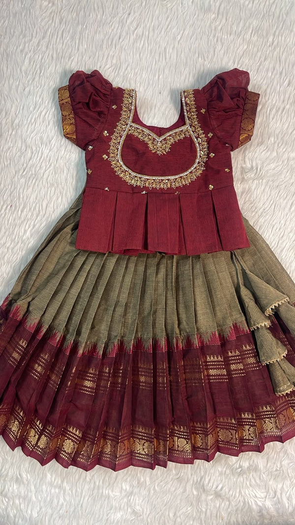 Girls Maroon and Grey Pavadai with Embroidered Blouse