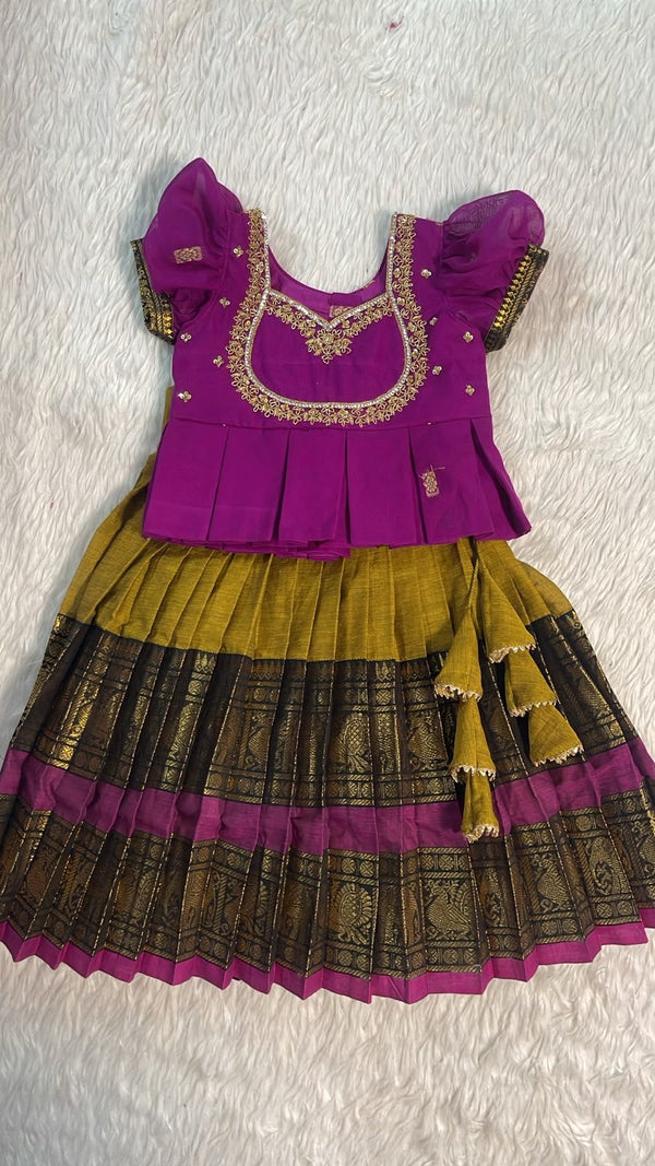 Girls Purple and Olive Pavadai with Embroidered Blouse