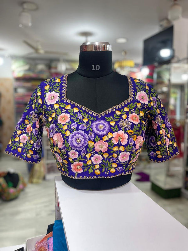 Violet Floral Sweetheart Neck Blouse