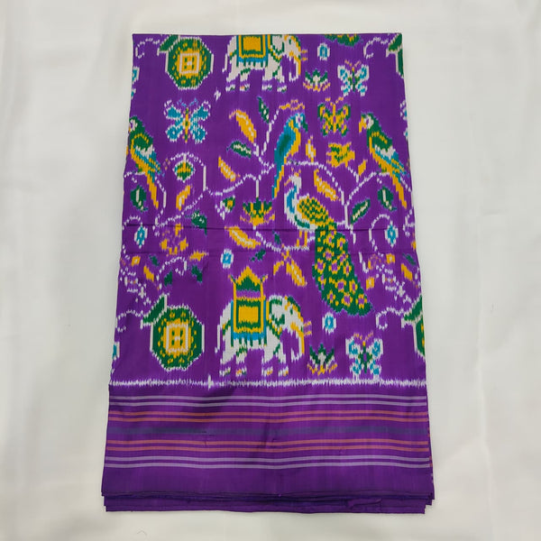 Purple ikat silk saree with elephant, parrot, peacock and butterfly motifs