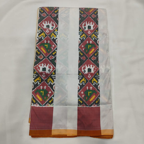 Ivory ikat silk saree with maroon and black diamond panels and a mustard border
