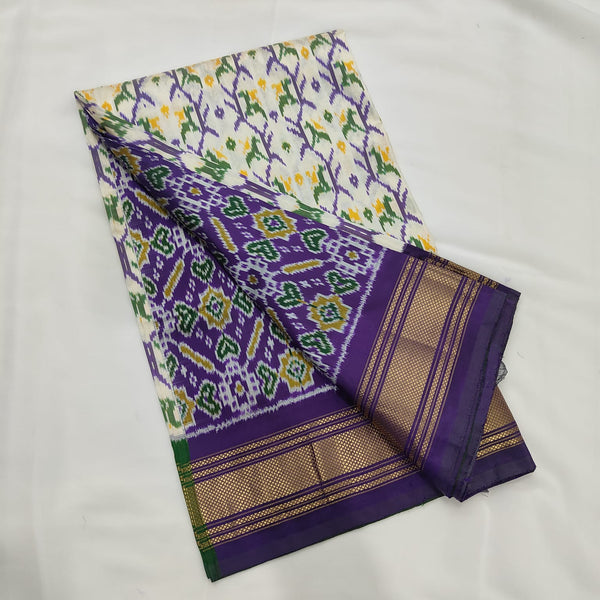 Ikat Saree in Ivory with Violet Zari Border, view 1