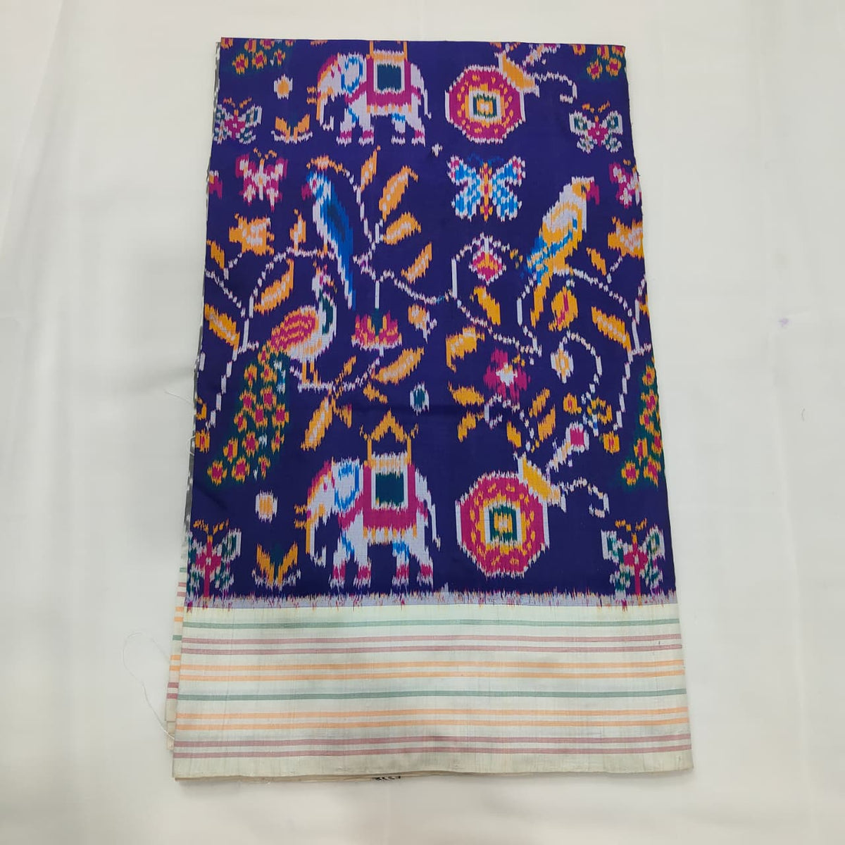 Ikat Saree in Royal Blue with Elephants and Birds, view 2