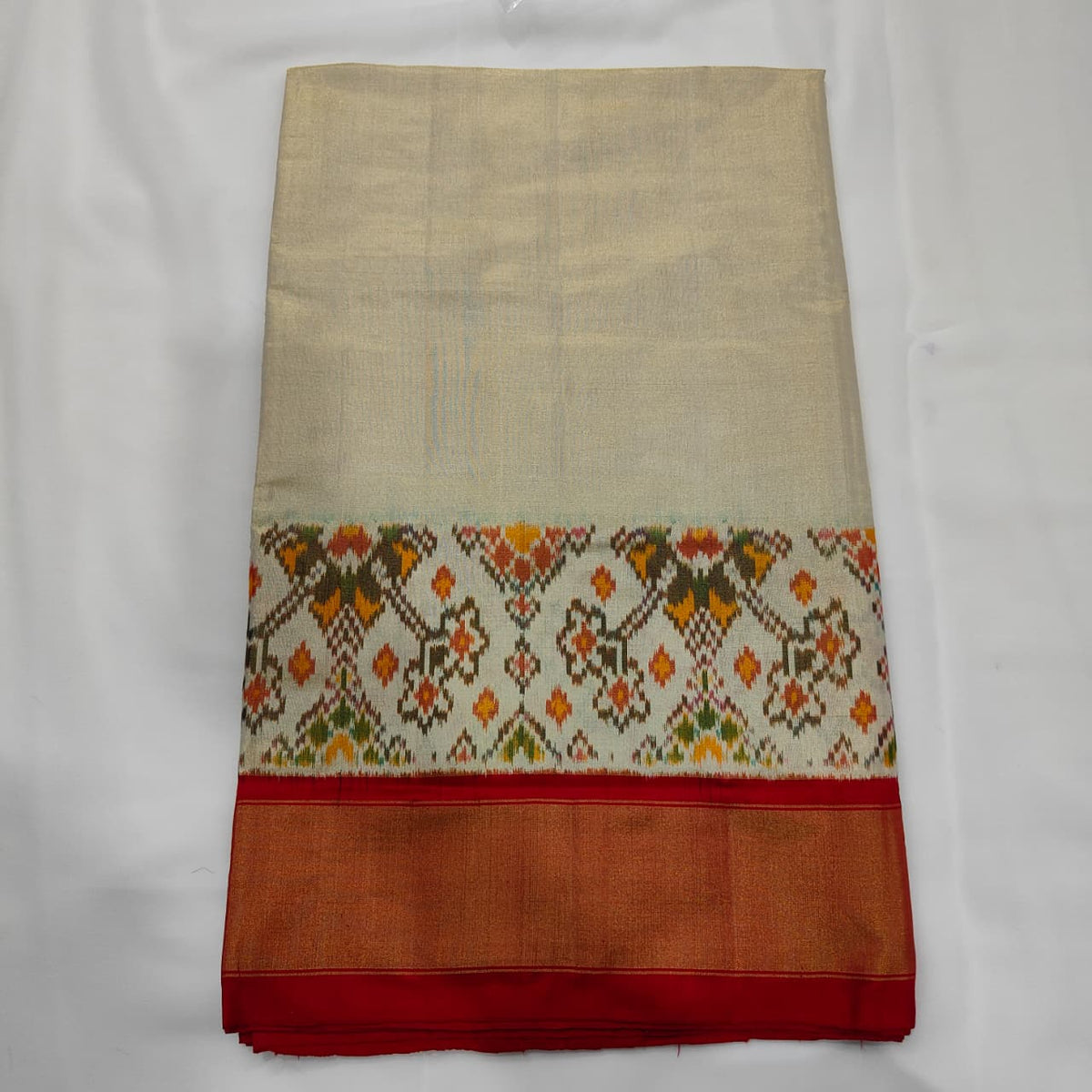 Ikat Saree in Oat with Copper Zari Border, view 1