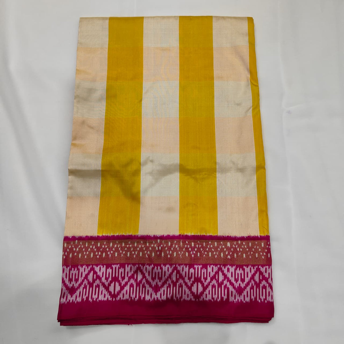 Ikat Saree in Yellow Stripe with Magenta Band, view 1