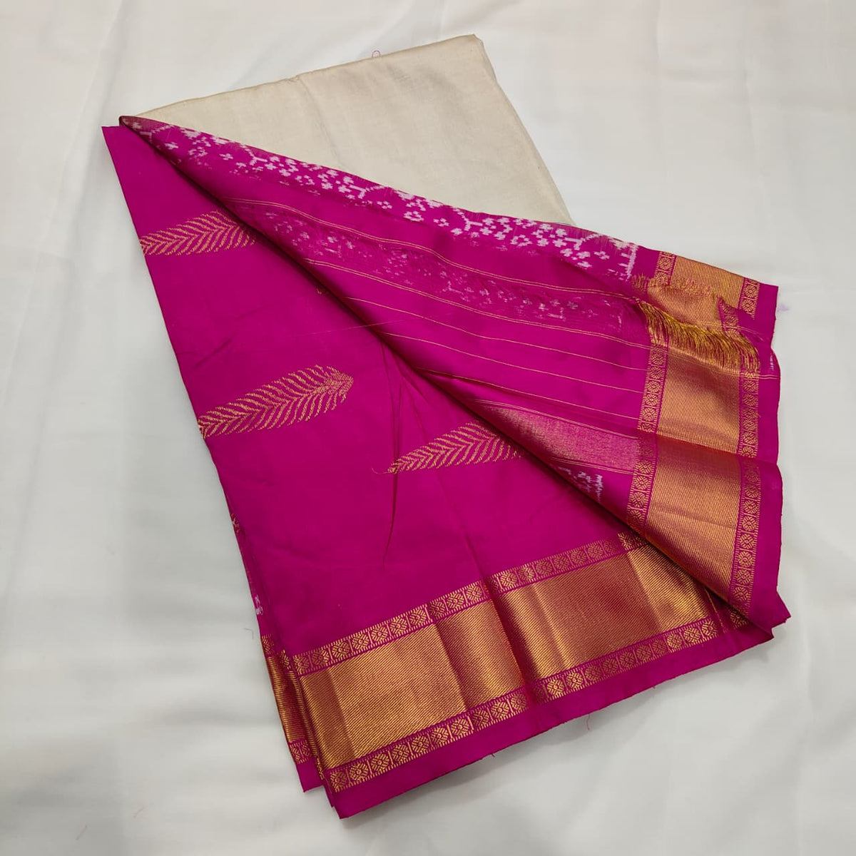 Ikat Saree in Magenta with Gold Zari Border, view 1