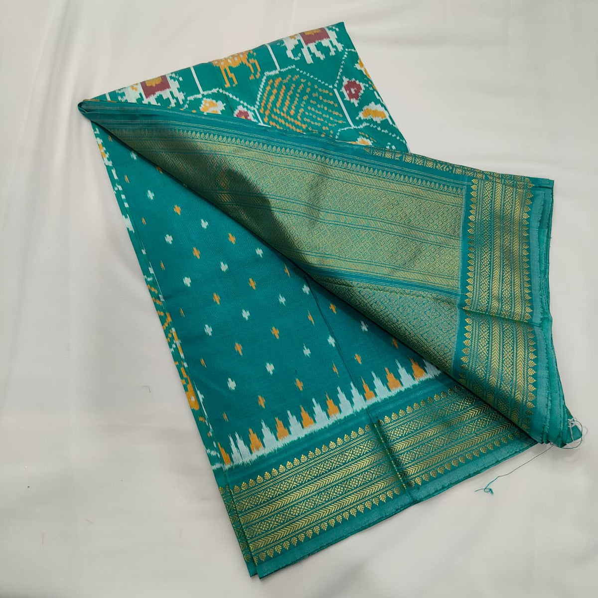 Ikat Saree in Teal with Elephants and Figures, view 2