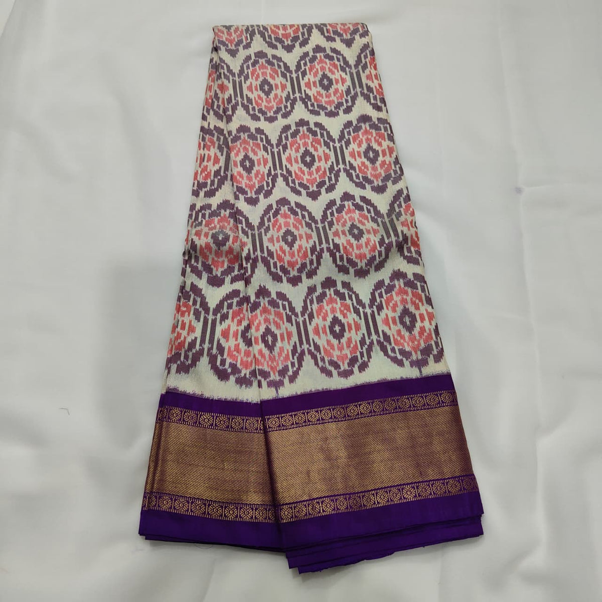 Ikat Saree in Ivory with Violet Zari Border, view 2