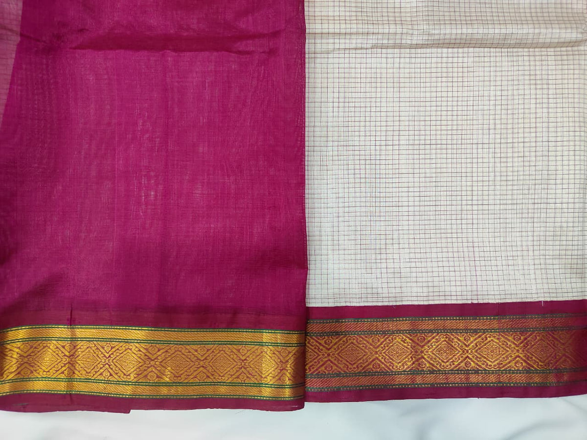 Kuppadam Saree in Ivory Checks with Magenta Pallu, view 2