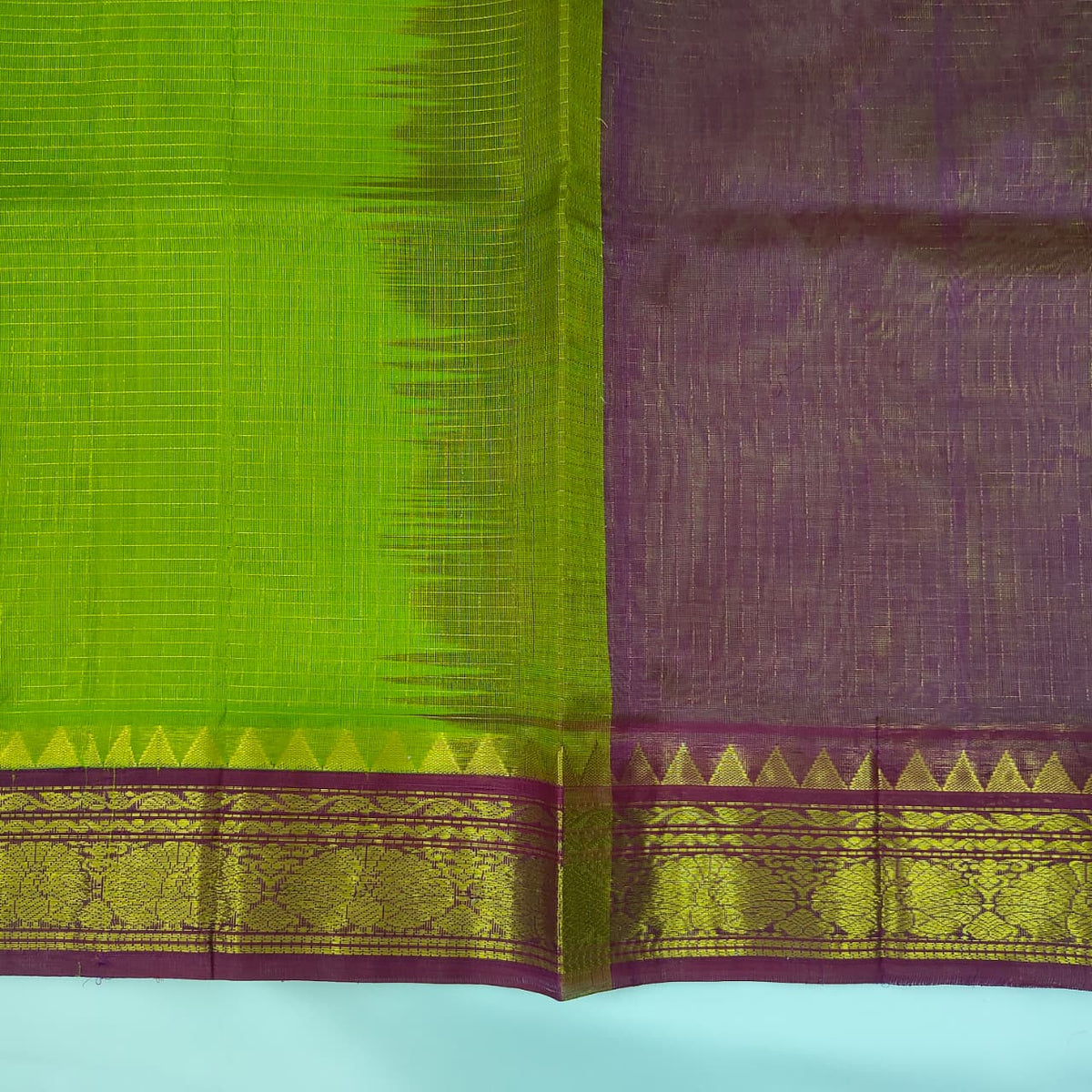 Kuppadam Saree in Parrot Green with Purple Pallu, view 2