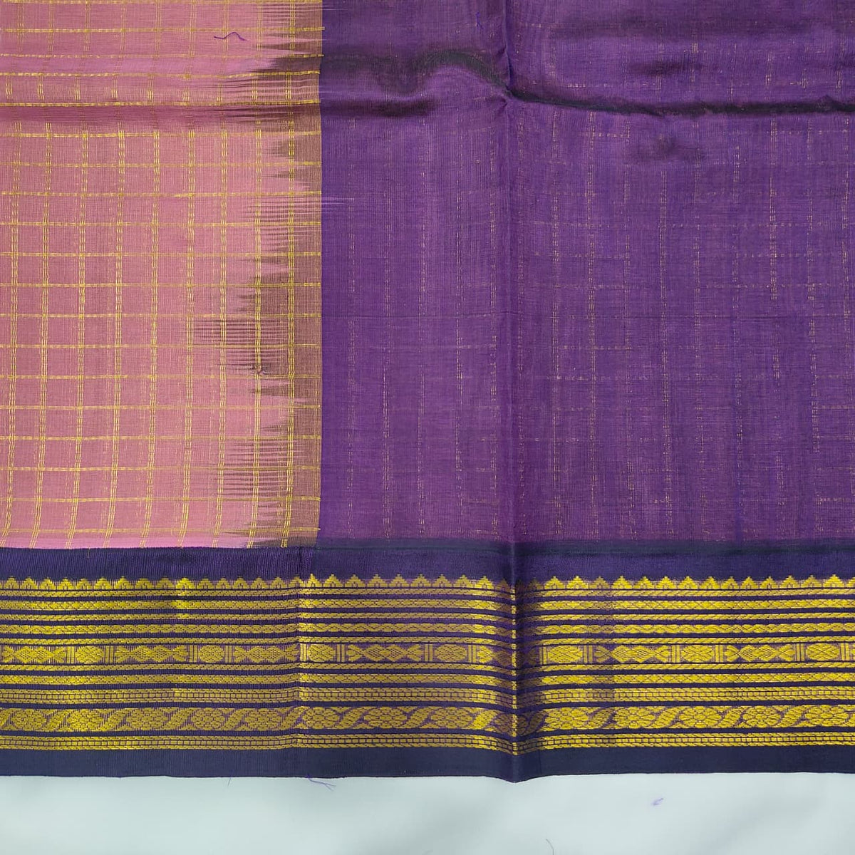 Kuppadam Saree in Dusty Pink Checks with Navy Border, view 2