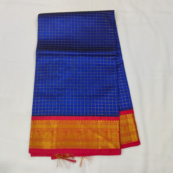 Kuppadam Saree in Royal Blue Checks with Pink Border, view 1