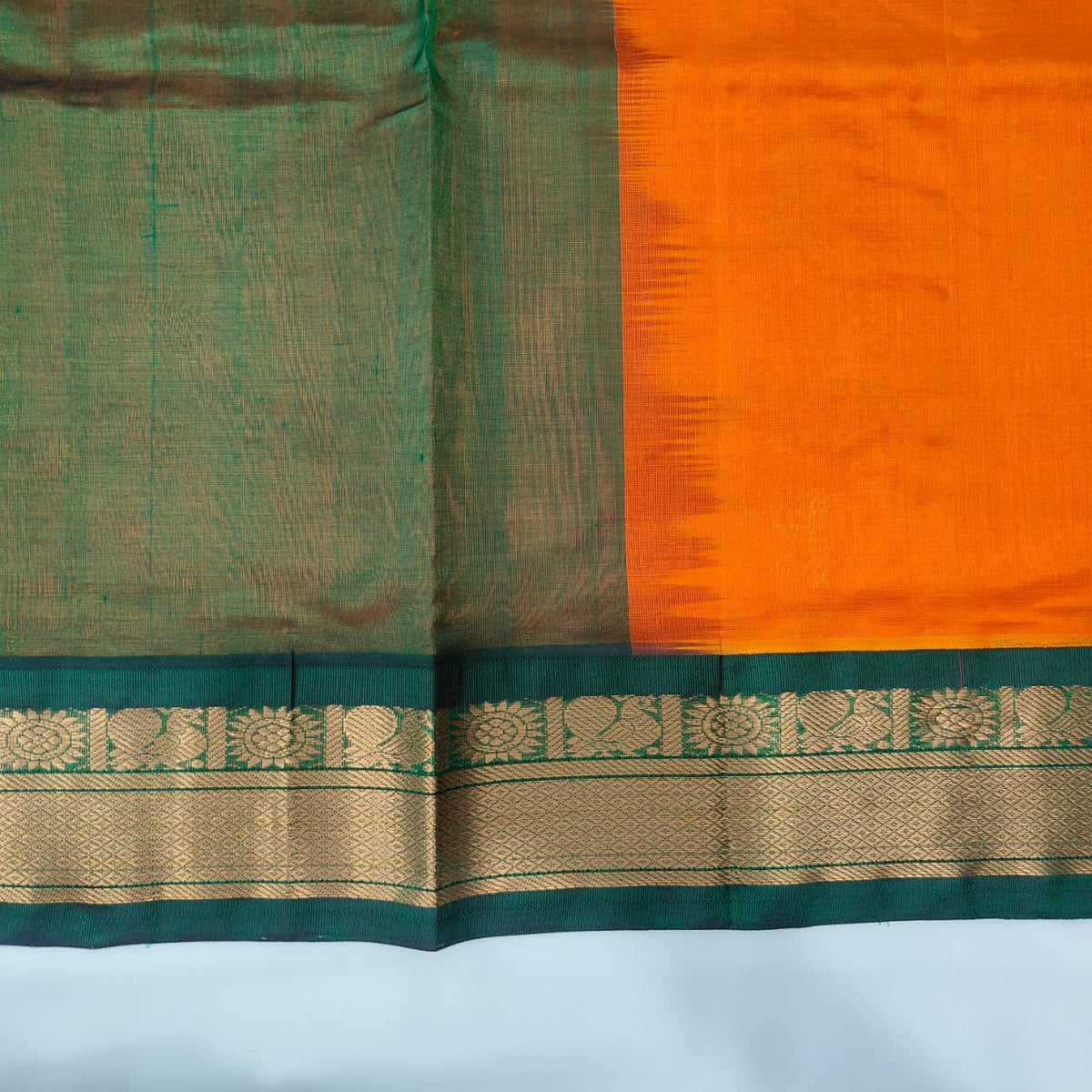 Kuppadam Saree in Orange with Bottle Green Border, view 2