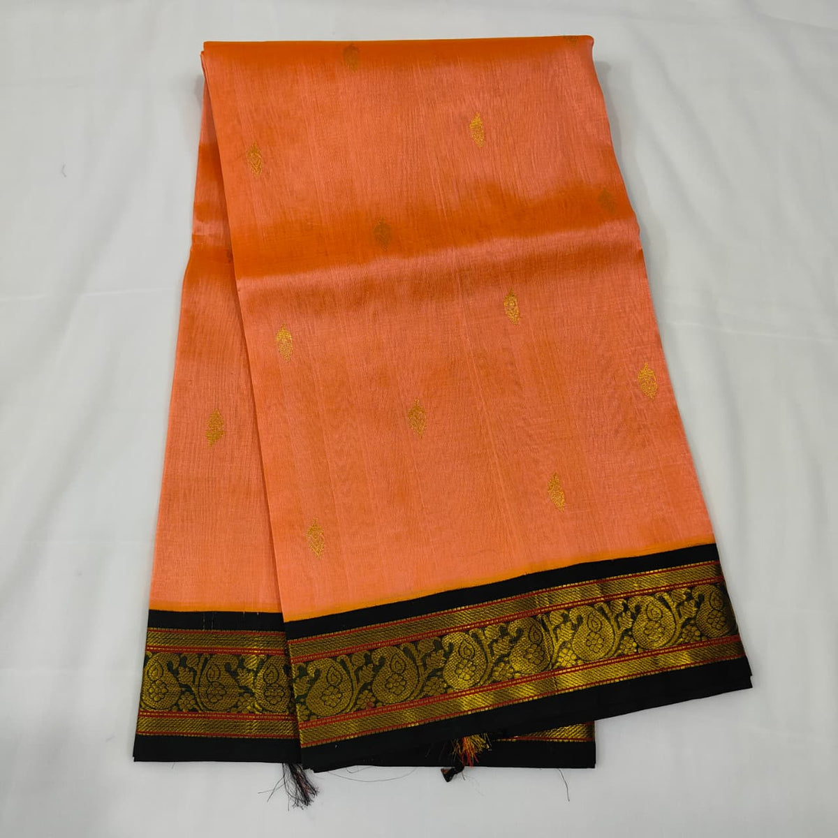 Kuppadam Saree in Peach with Dark Green Border, view 1