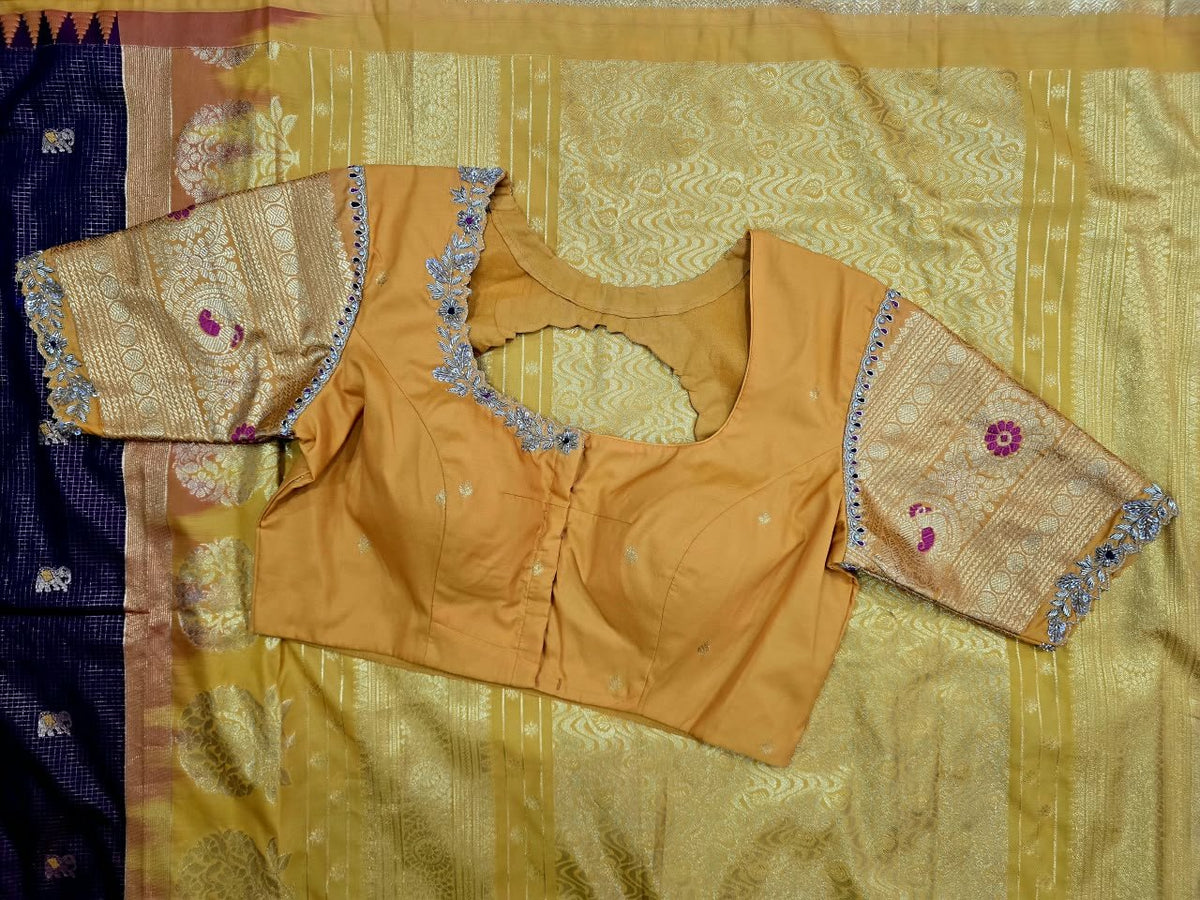 Aubergine Saree with Elephant Buttis and Mustard Pallu, view 2