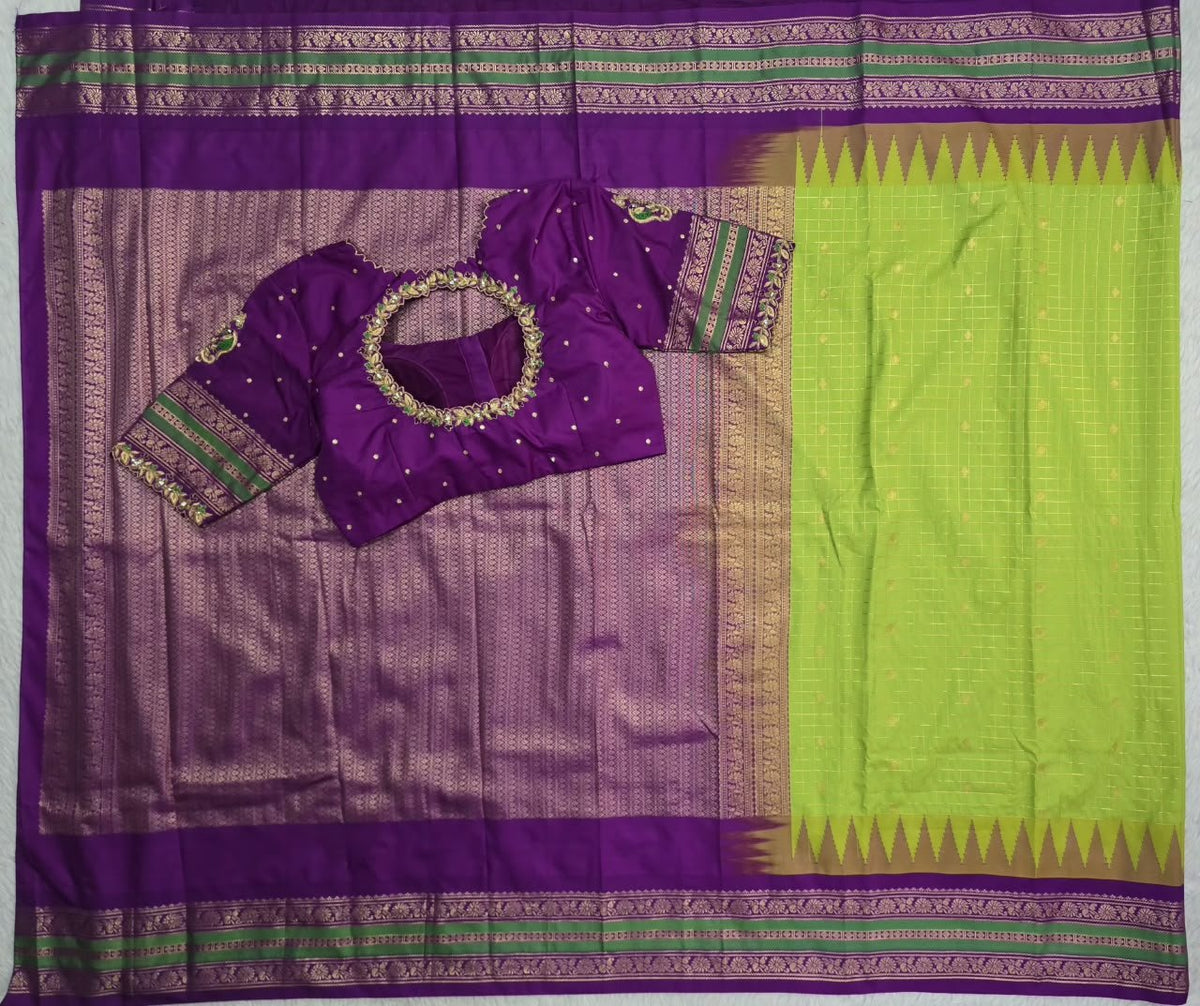 Lime Green Checked Saree with Purple Pallu, main view