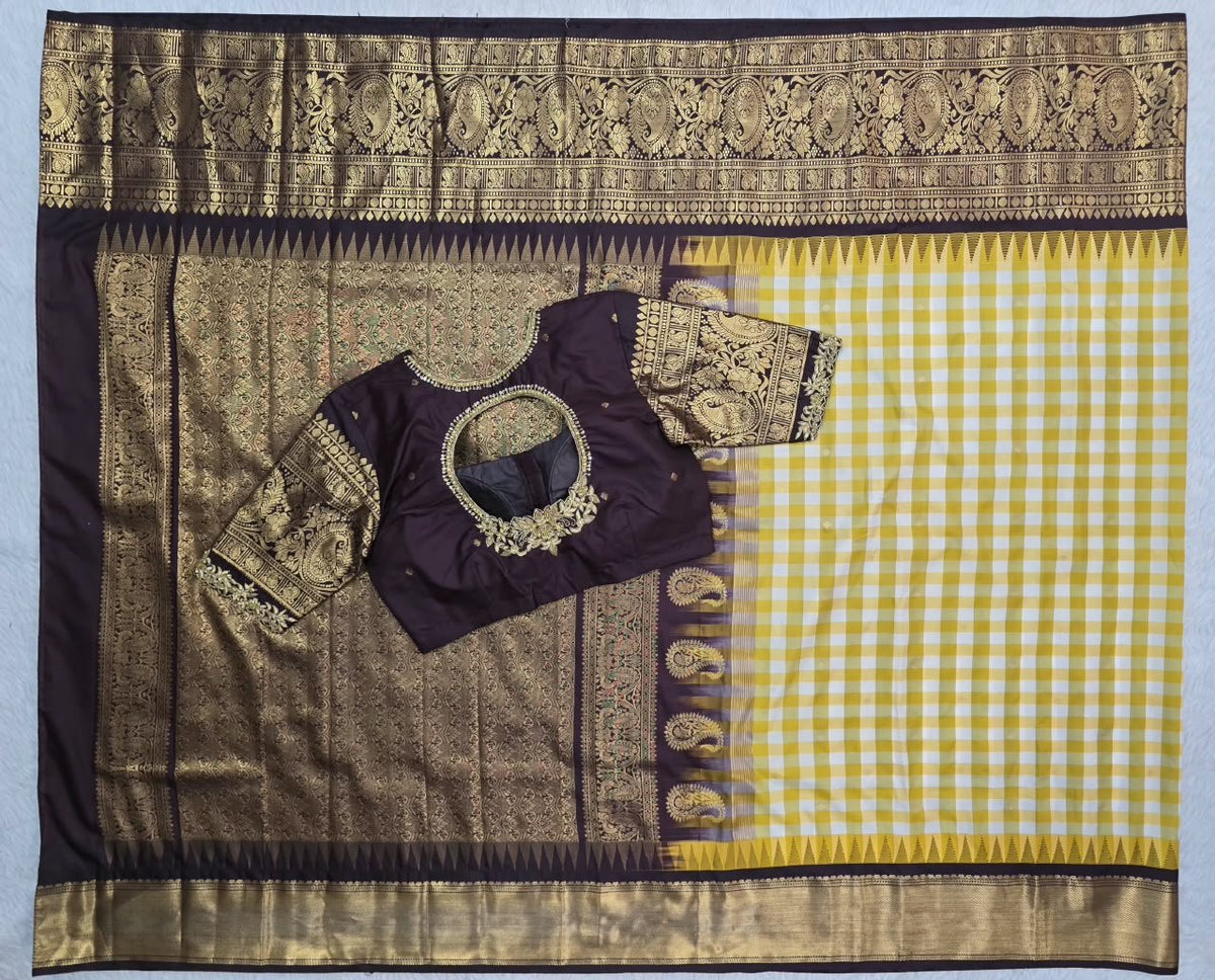 Yellow Gingham Saree with Aubergine Paisley Pallu, main view