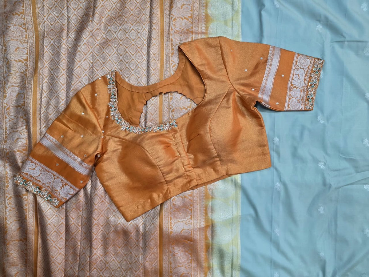 Powder Blue Saree with Orange Border, view 2