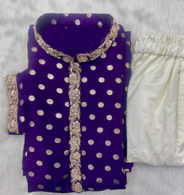 Purple Polka Kurta Set with Embroidered Placket