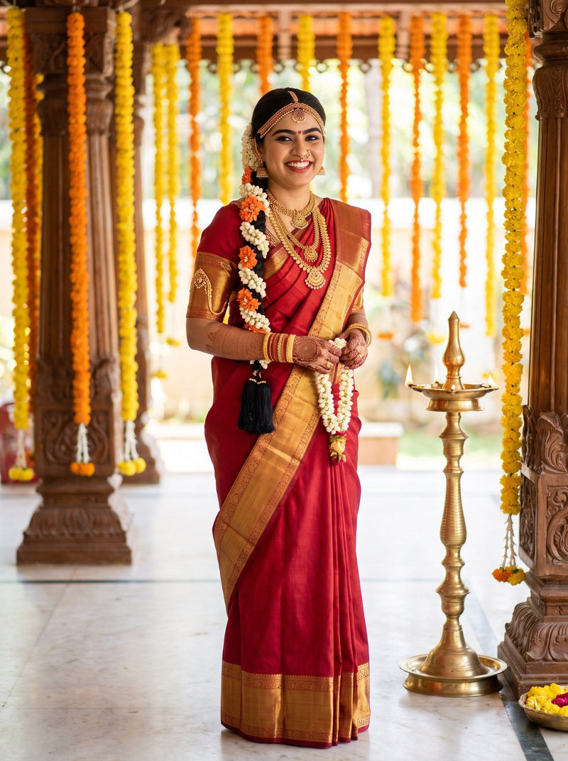South Indian bride in a crimson and gold silk wedding saree with flowers in her braid beside a brass lamp