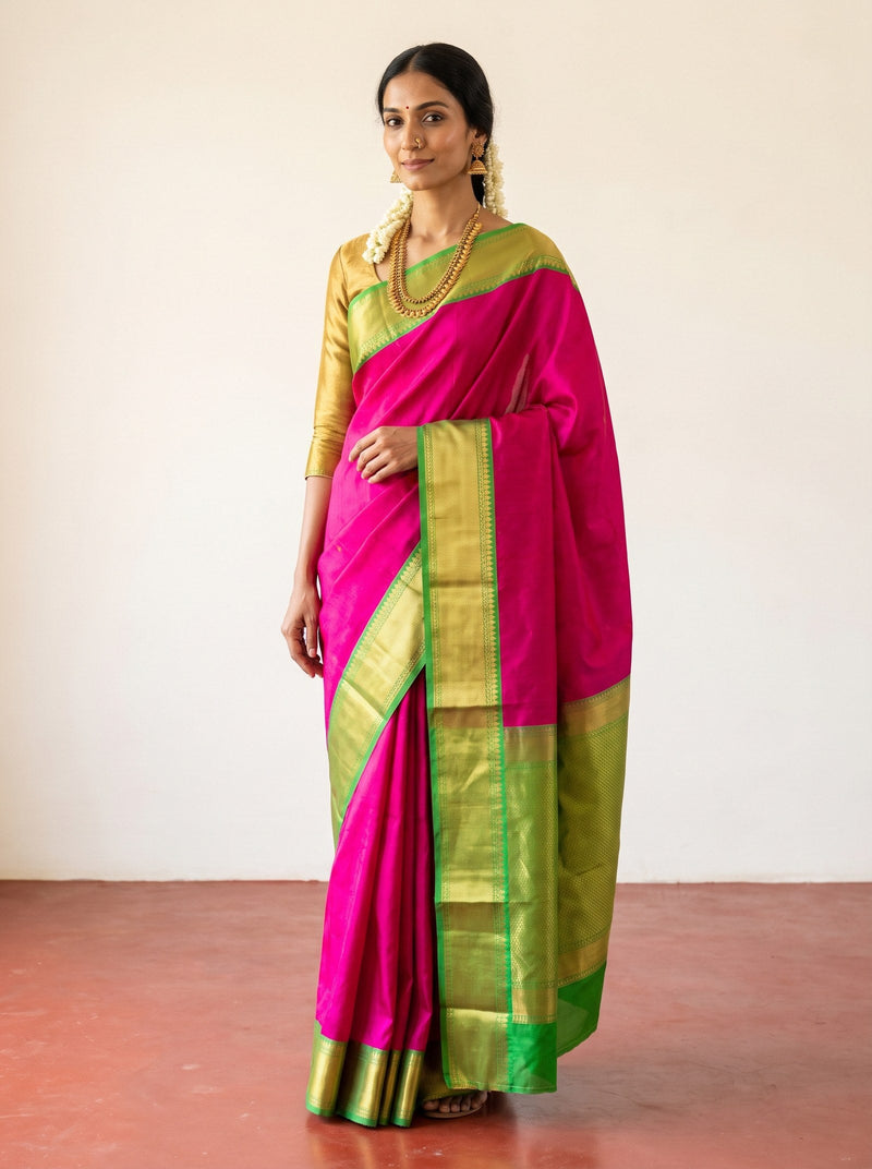 Woman in a magenta Kanchipuram silk saree with a green and gold zari border