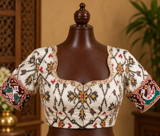 Ivory Patola Blouse with Elephant and Parrot Panels, view