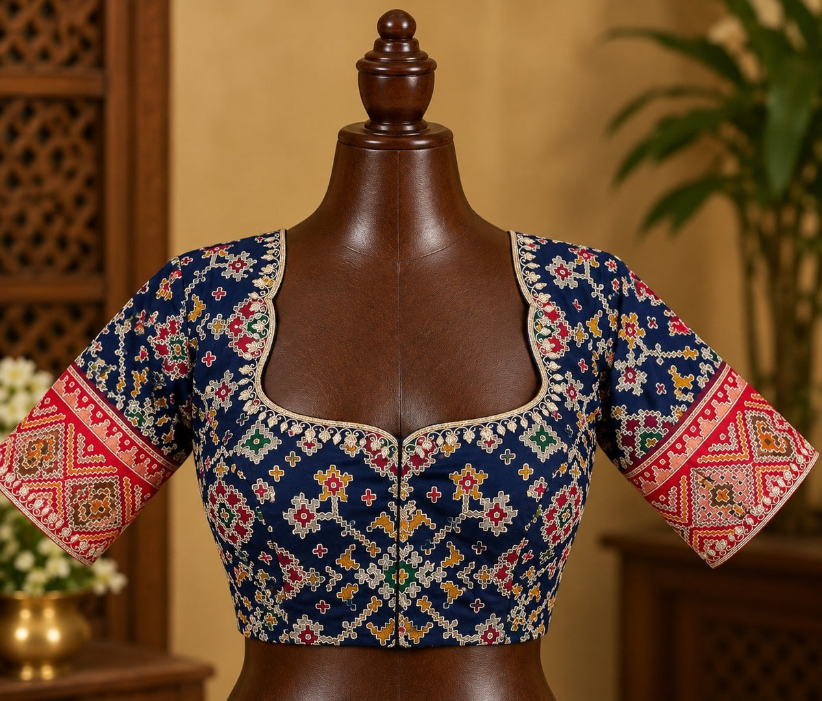 Navy Patola Blouse with Red Sleeve Panels, view