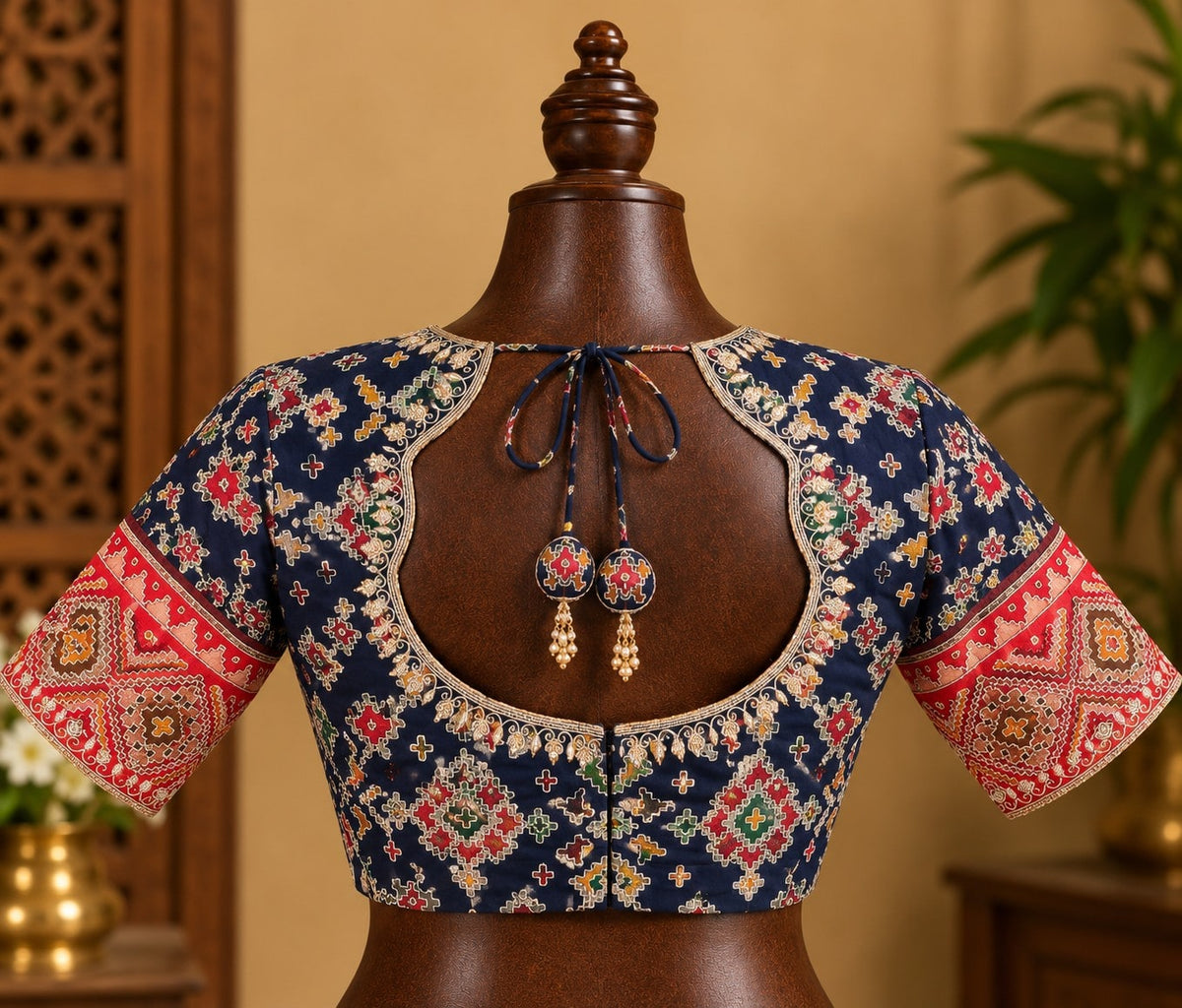 Navy Patola Blouse with Red Sleeve Panels, view