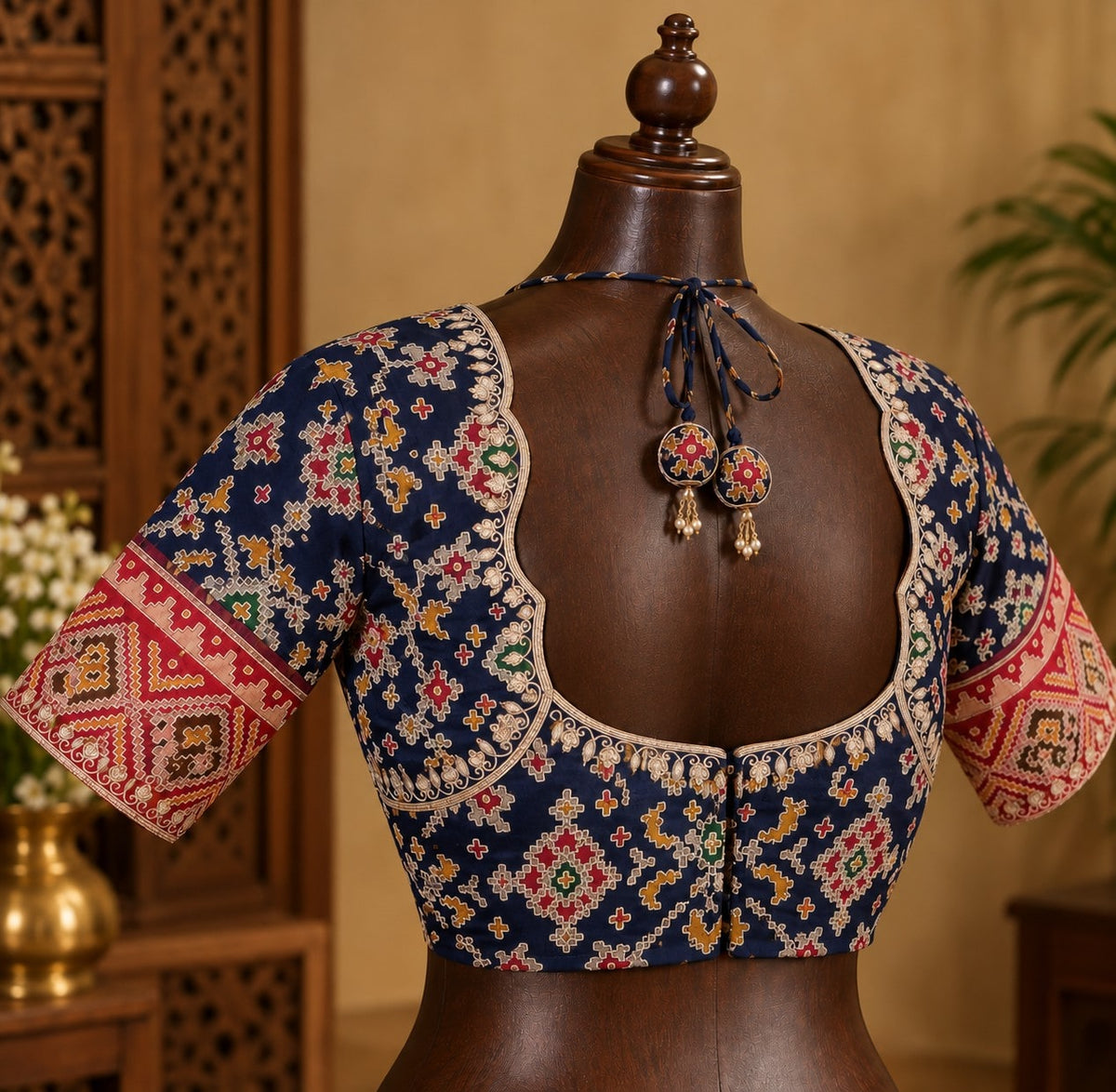 Navy Patola Blouse with Red Sleeve Panels, view