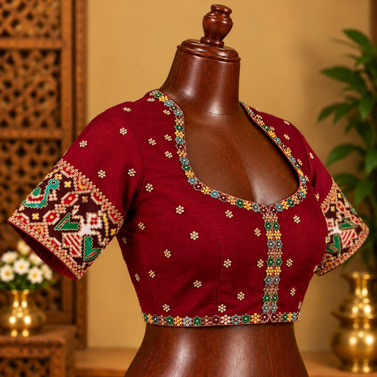 Maroon High-Neck Blouse with Beaded Outline, view
