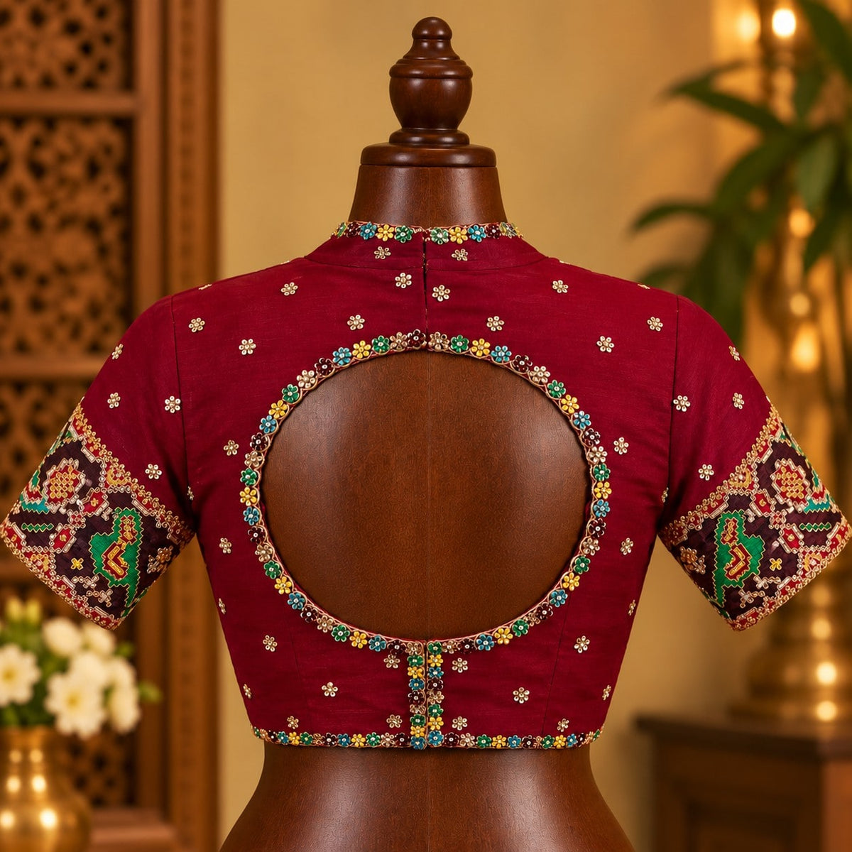 Maroon High-Neck Blouse with Beaded Outline, view