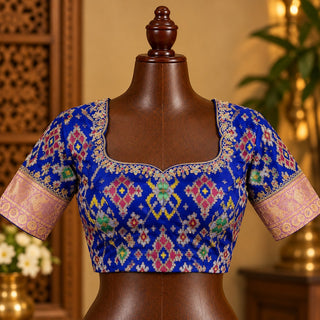 Royal Blue Patola Blouse with Gold Sleeve Bands, view