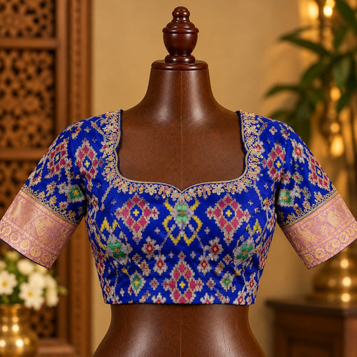 Royal Blue Patola Blouse with Gold Sleeve Bands, view