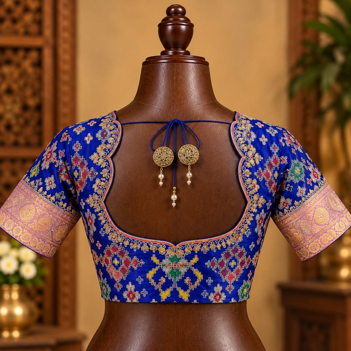 Royal Blue Patola Blouse with Gold Sleeve Bands, view
