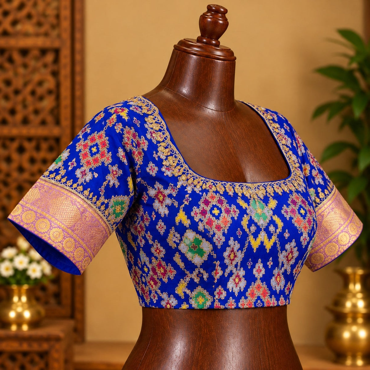 Royal Blue Patola Blouse with Gold Sleeve Bands, view