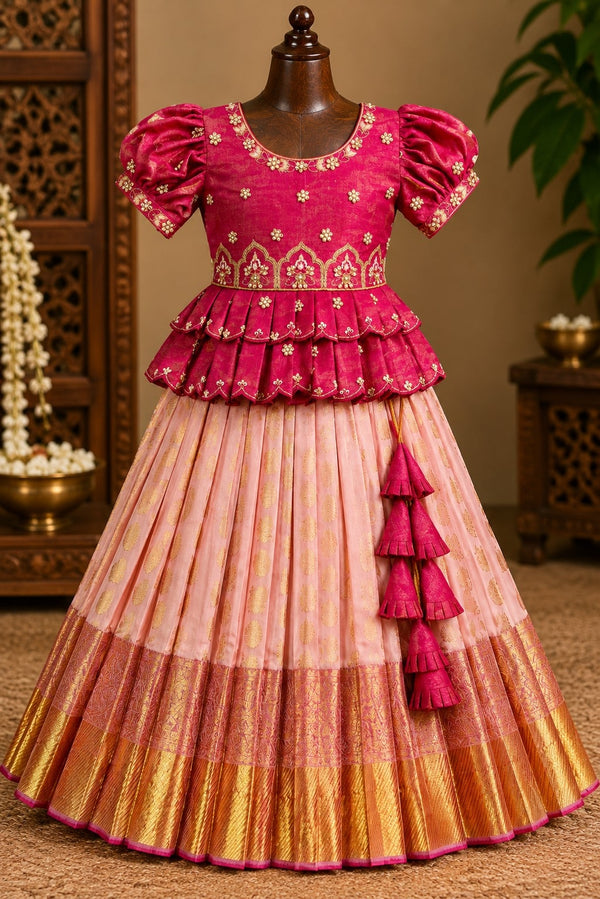 Girls Magenta Peplum Pavadai with Gold Skirt, view