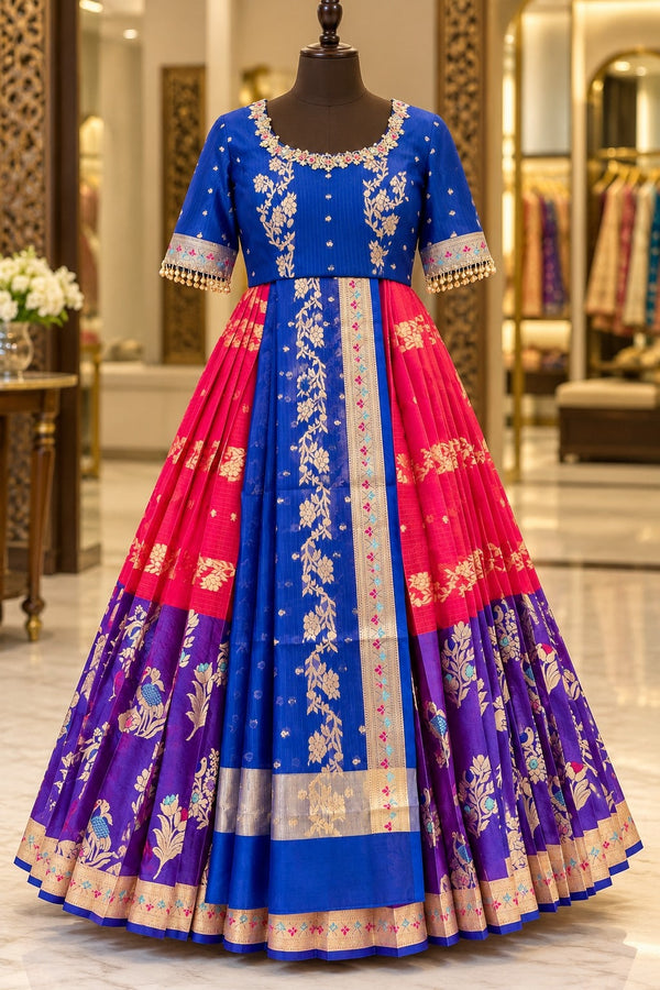 Royal Blue Half Saree Lehenga with Red and Purple Skirt, view