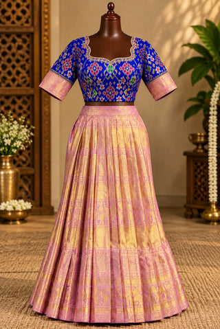 Royal Blue Patola Blouse with Pink and Gold Lehenga, view