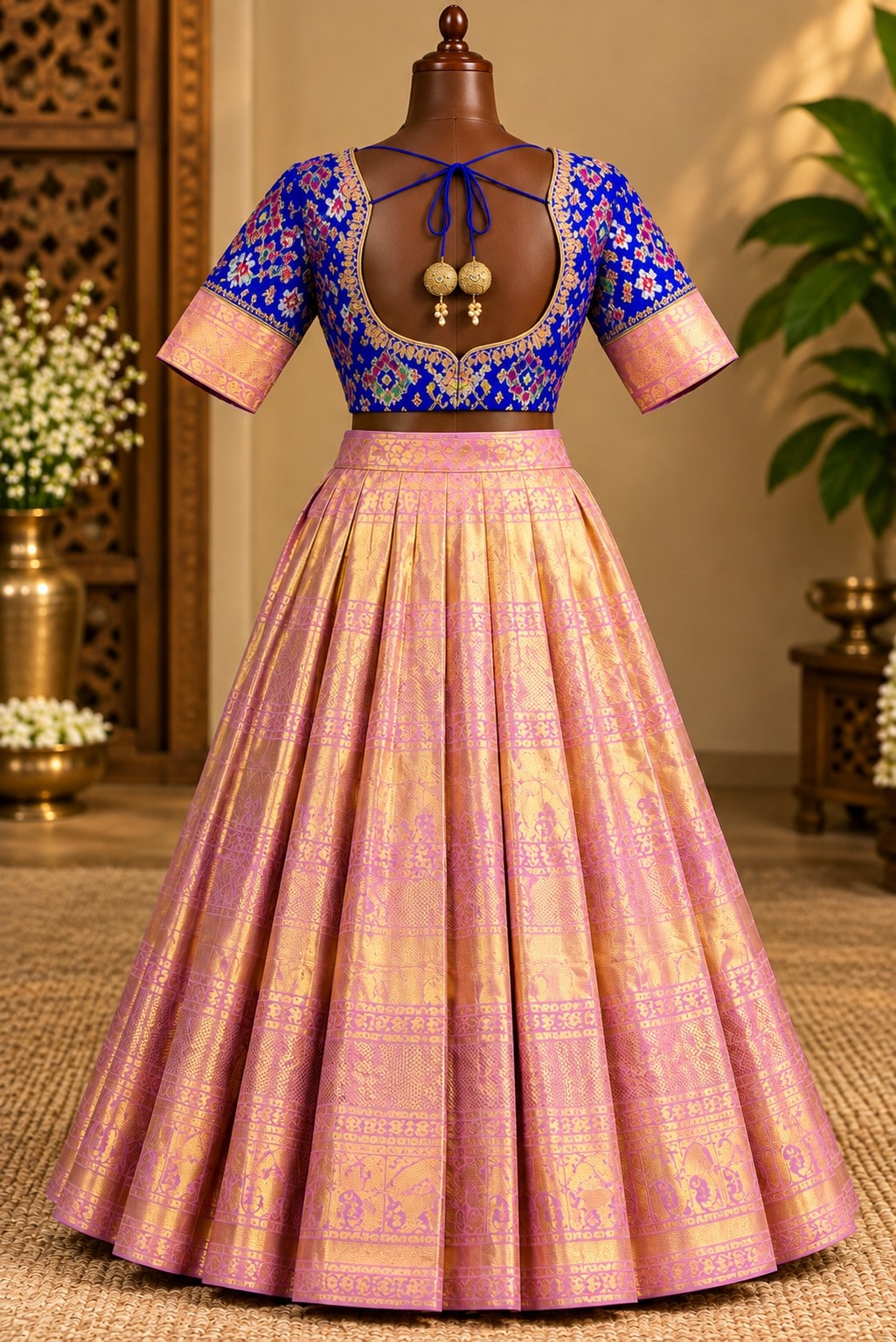 Royal Blue Patola Blouse with Pink and Gold Lehenga, view