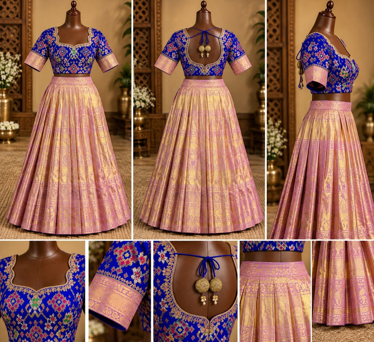 Royal Blue Patola Blouse with Pink and Gold Lehenga, view