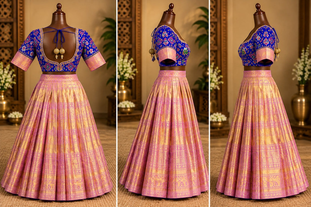 Royal Blue Patola Blouse with Pink and Gold Lehenga, view