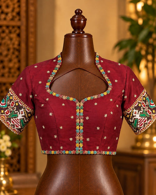 Maroon Beaded Blouse with Red Patola Lehenga, view