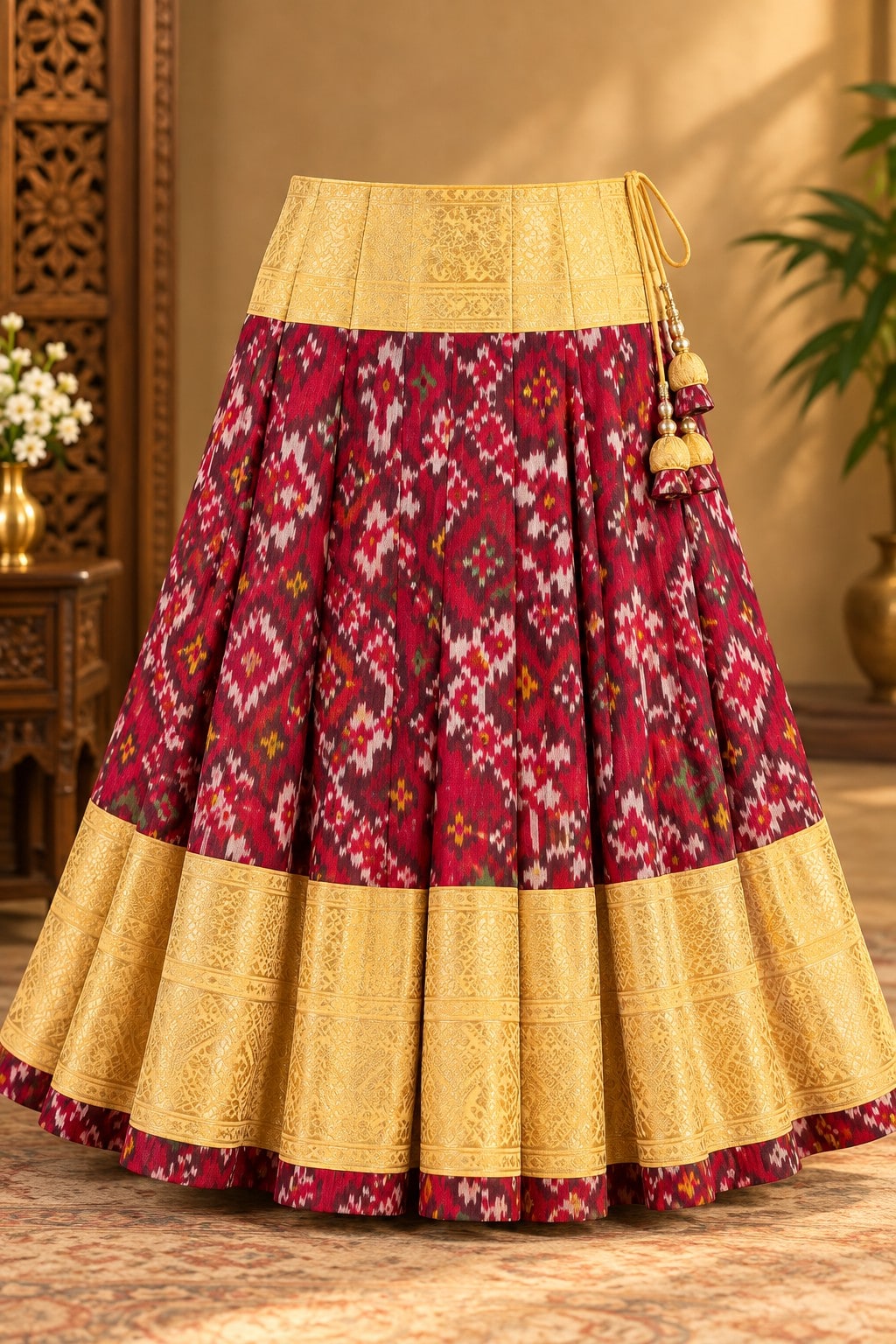 Maroon Beaded Blouse with Red Patola Lehenga, view