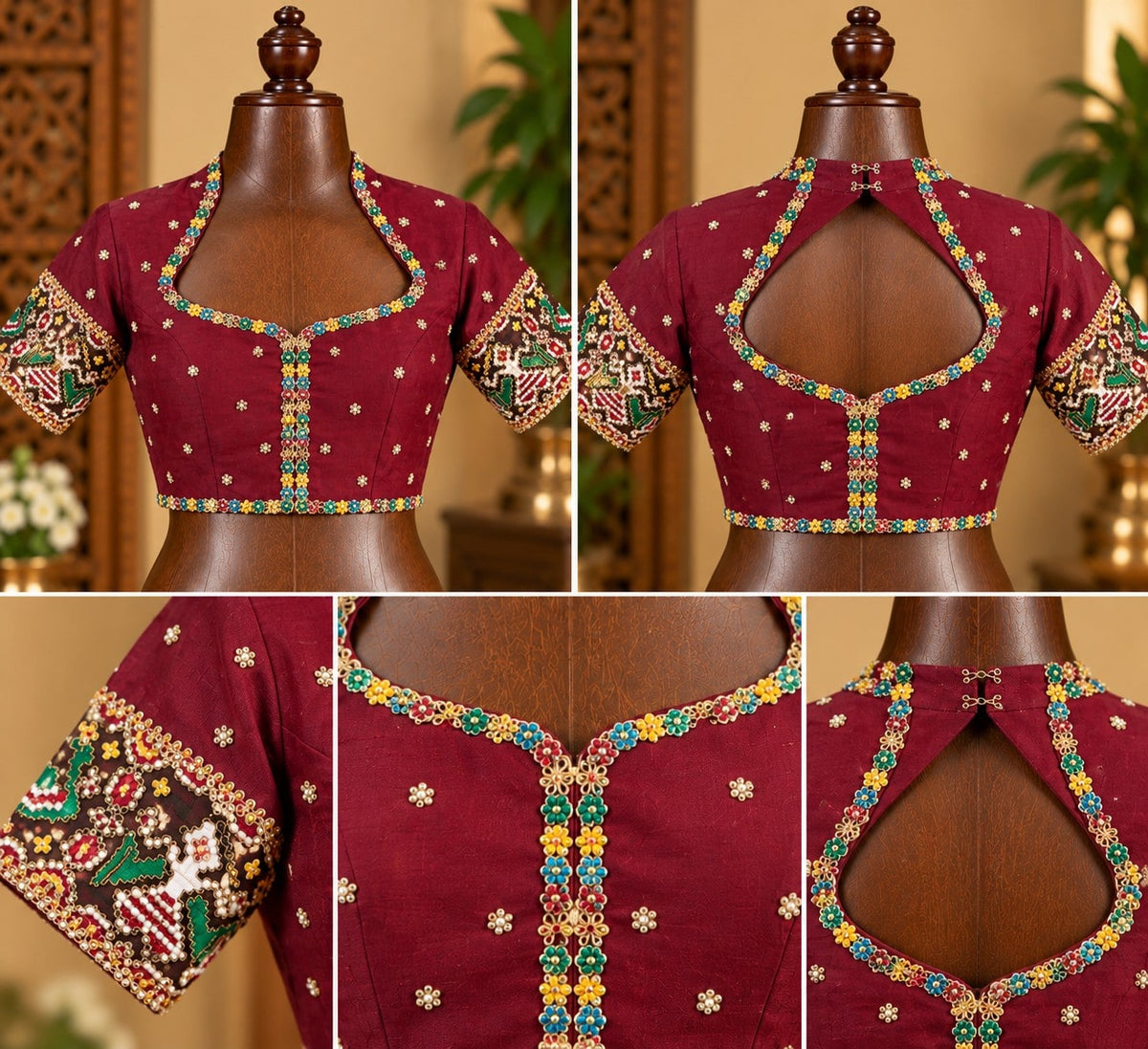 Maroon Beaded Blouse with Red Patola Lehenga, view