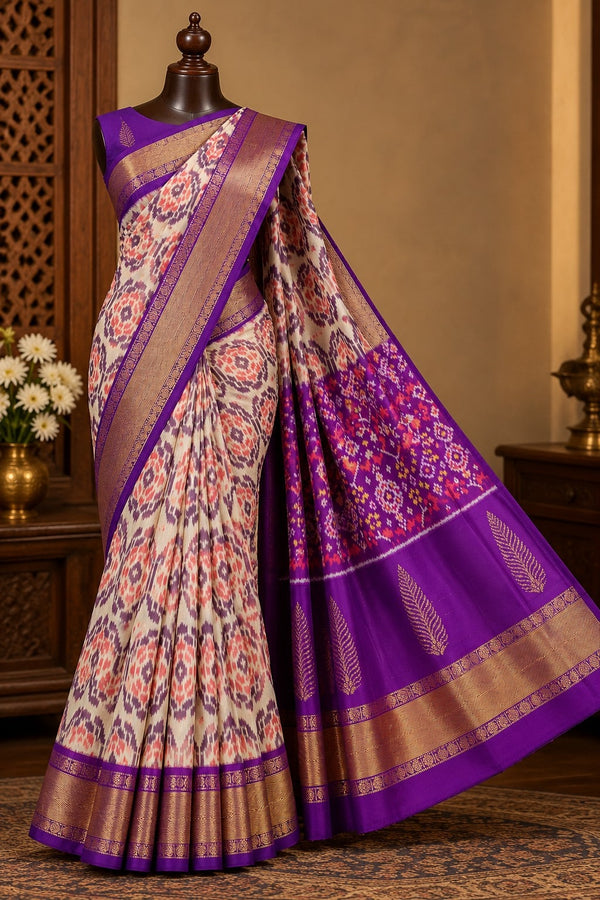 Ikat Saree in Ivory with Violet Zari Border, view