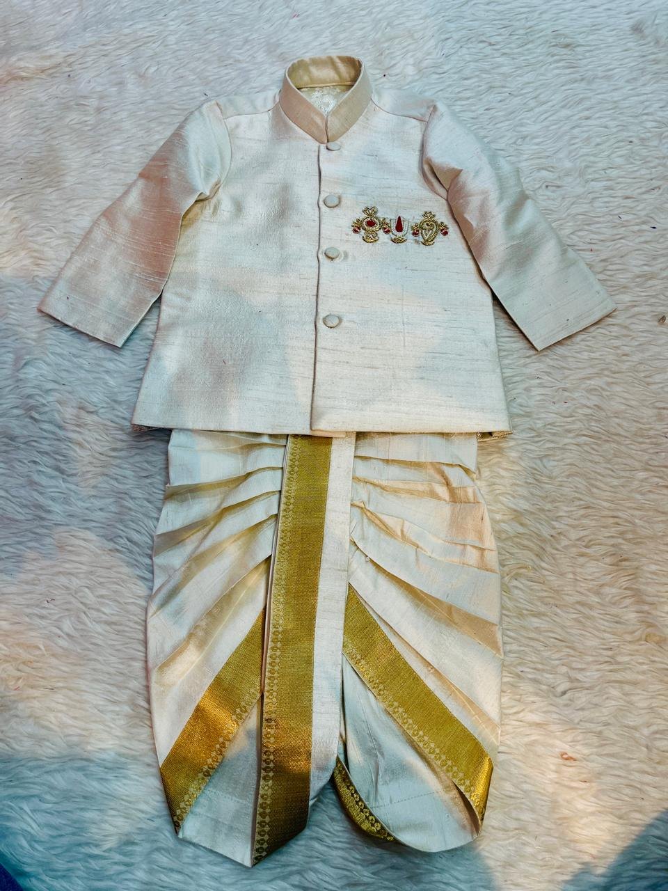 Boys Ivory Kurta and Dhoti Set with Gold Border