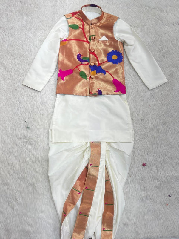 Boys Dhoti Set with Peacock Motif Jacket